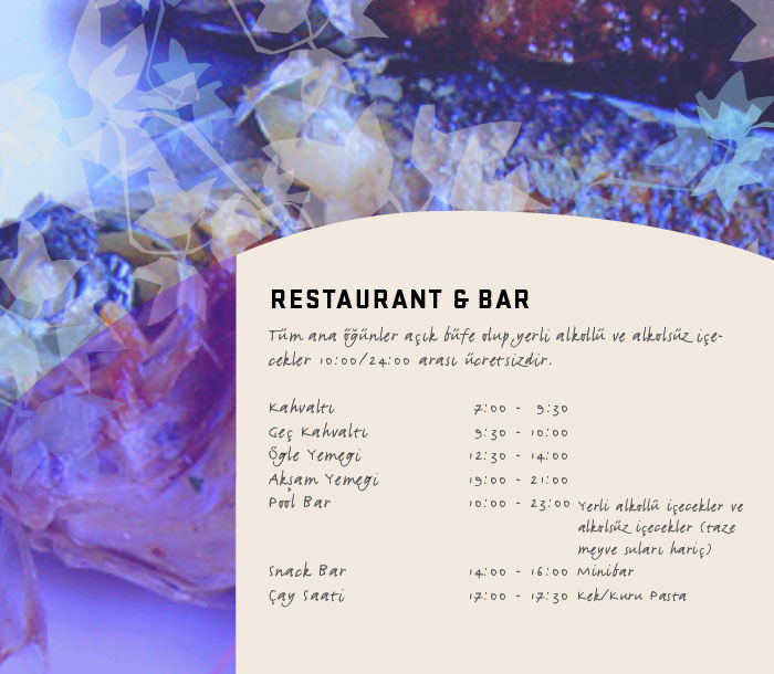 Restaurant & Bar - Tüm ana öğünler açık büfe olup,yerli alkollü ve alkolsüz içecekler 10:00/24:00 arası ücretsizdir.